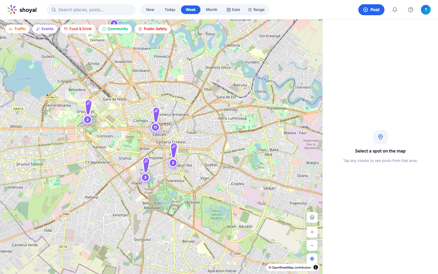 Filtragem por intervalo de tempo ("Week") — os clusters no mapa atualizam-se consoante o período selecionado.