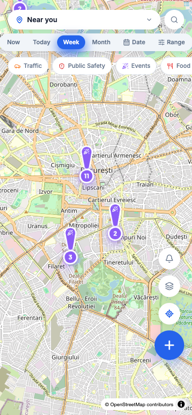 O mapa do Pinyap, na versão móvel, com os mesmos filtros de categoria e intervalo de tempo.