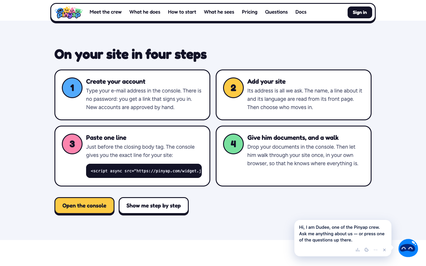 Como chega a um site, em quatro passos: uma conta, a adição do site, uma linha de código e os documentos de que precisa.